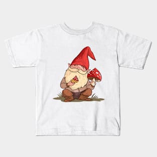 A cute gnome gathering mushrooms. Kids T-Shirt